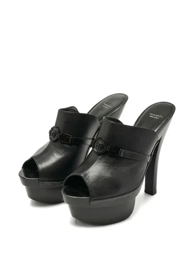 Pre-owned Versace Medusa Leather Platform Sandals In Black