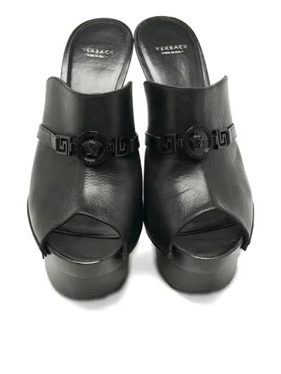 Pre-owned Versace Medusa Leather Platform Sandals In Black