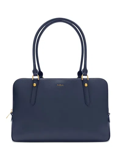 Furla Large Boston Zip Leather Tote Bag In Blue