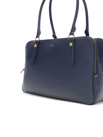 Furla Large Boston Zip Leather Tote Bag In Blue