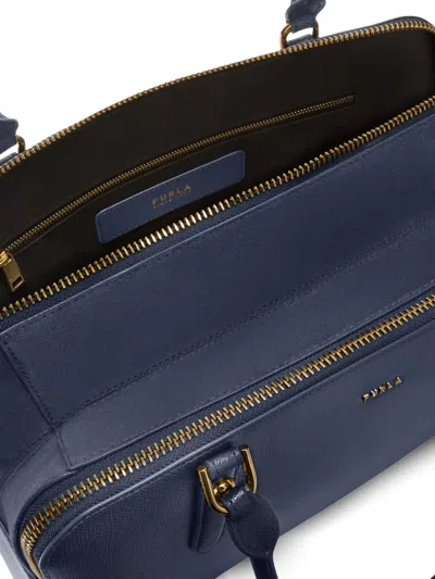 Furla Large Boston Zip Leather Tote Bag In Blue
