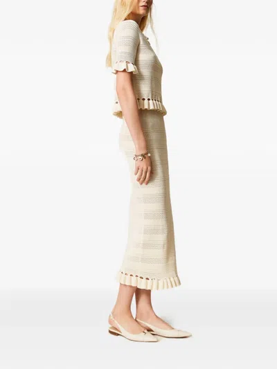 Twinset Knitted Ruffled-hem Midi Skirt In Neutral