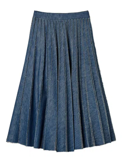 Twinset Pleated Denim Skirt In Animal Print
