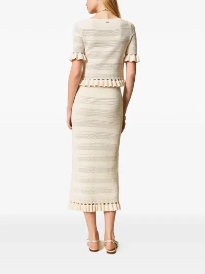 Twinset Knitted Ruffled-hem Midi Skirt In Neutral