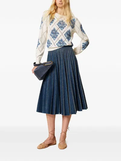 Twinset Pleated Denim Skirt In Animal Print