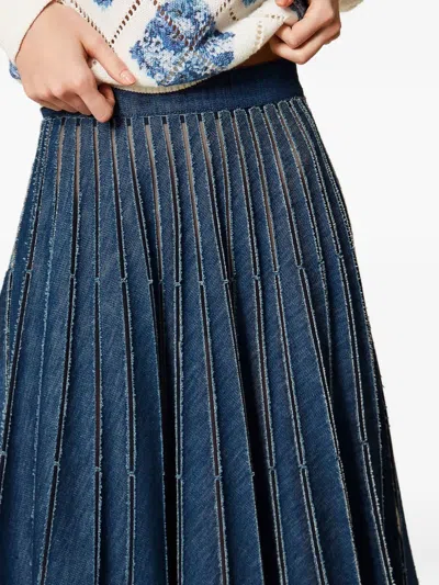 Twinset Pleated Denim Skirt In Animal Print