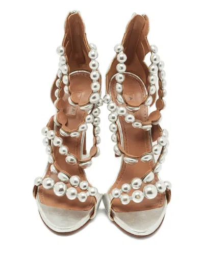 Pre-owned Alaïa Bombe Strappy Leather Sandals In Silver