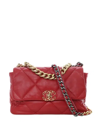 Pre-owned Chanel 2020 Large Lambskin 19 Flap Satchel In Red
