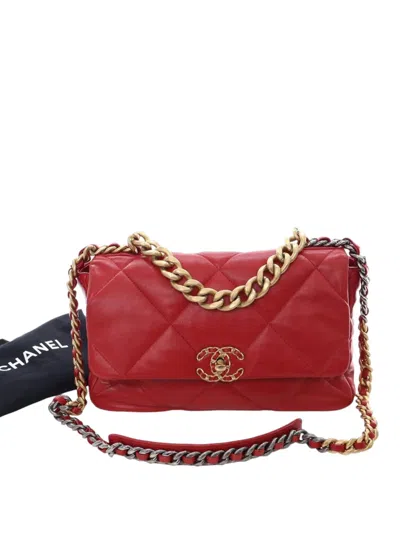 Pre-owned Chanel 2020 Large Lambskin 19 Flap Satchel In Red