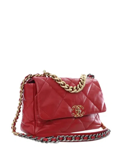Pre-owned Chanel 2020 Large Lambskin 19 Flap Satchel In Red