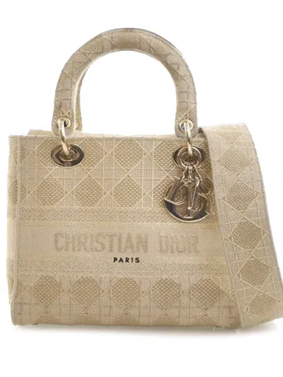 Pre-owned Dior 2020 Medium Canvas Cannage Lady D Lite Satchel In Gold