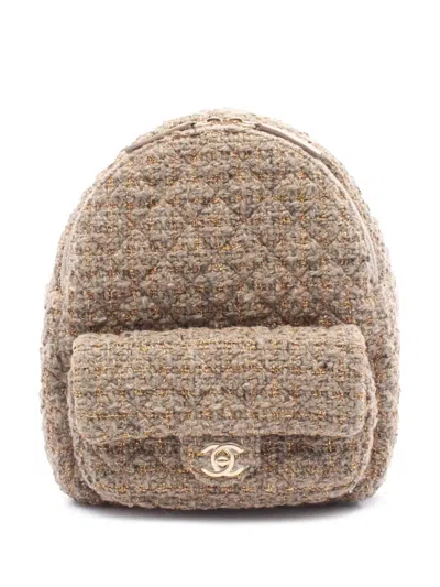Pre-owned Chanel 2019 Cc Tweed Front Pocket Backpack In Brown