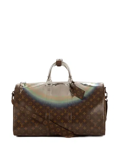 Pre-owned Louis Vuitton Nebula Keepall Bandouliere 50 Monogrammed Chip Luggage In Brown