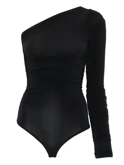 Wolford One Shoulder Ruched Long Sleeve Bodysuit In Black