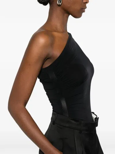 Wolford One Shoulder Ruched Long Sleeve Bodysuit In Black