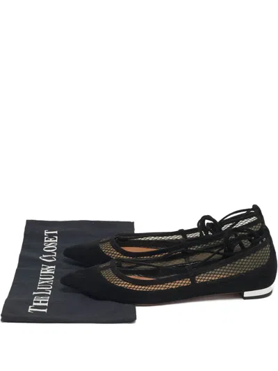 Pre-owned Aquazzura Lace-up Flat Pumps In Black