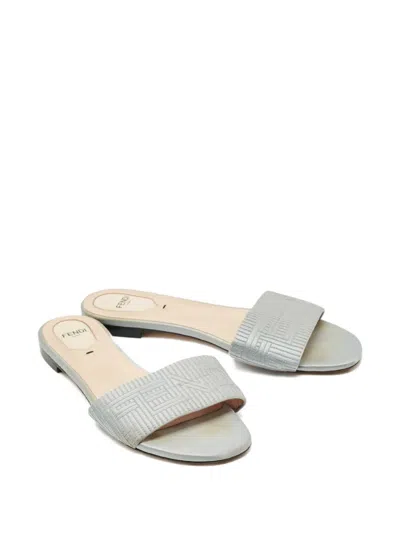 Pre-owned Fendi Logo Satin Flat Sandals In Gray