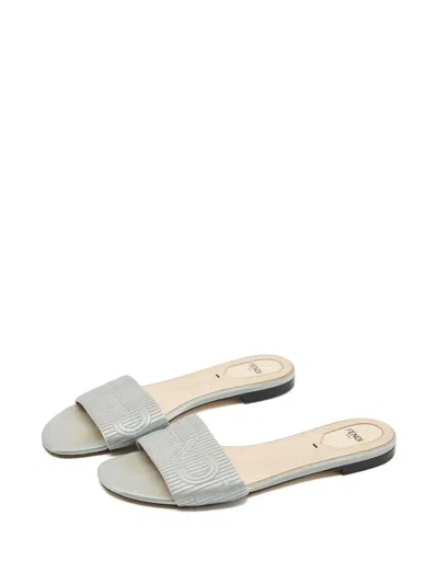 Pre-owned Fendi Logo Satin Flat Sandals In Gray