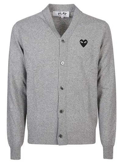 Comme Des Garçons Light Grey V-neck Logo Patch Cardigan In Multi