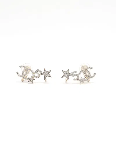 Pre-owned Chanel Coco Mark Rhinestone Cuff Earrings In Silver