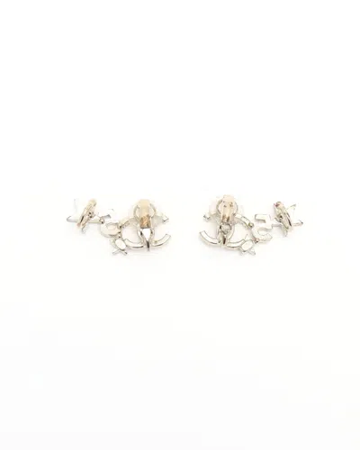 Pre-owned Chanel Coco Mark Rhinestone Cuff Earrings In Silver