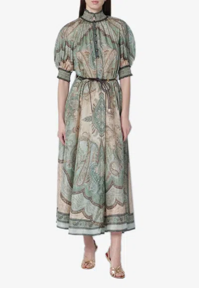 Zimmermann Wanderlust Tapestry Print Midi Billow Dress In Neutral