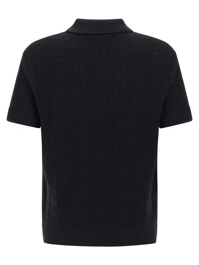 Balmain Textured Black Knitted Polo With Classic Collar In Multi