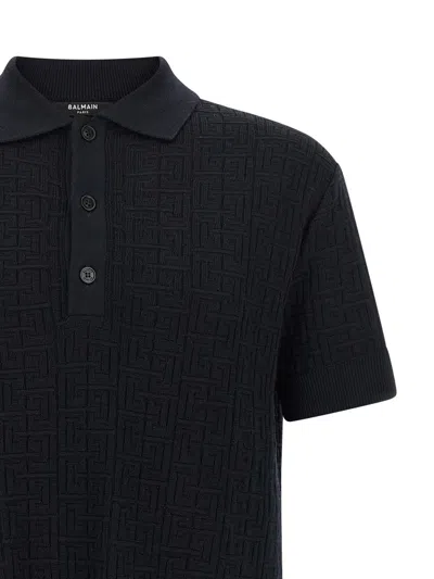 Balmain Textured Black Knitted Polo With Classic Collar In Multi