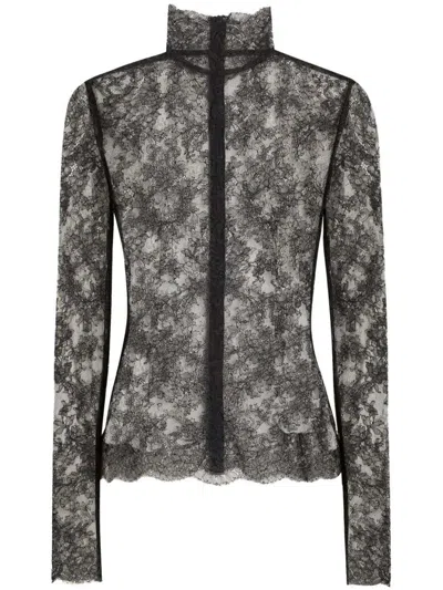 Dolce & Gabbana Chantilly Lace Top High Neck Long Sleeves In Gray