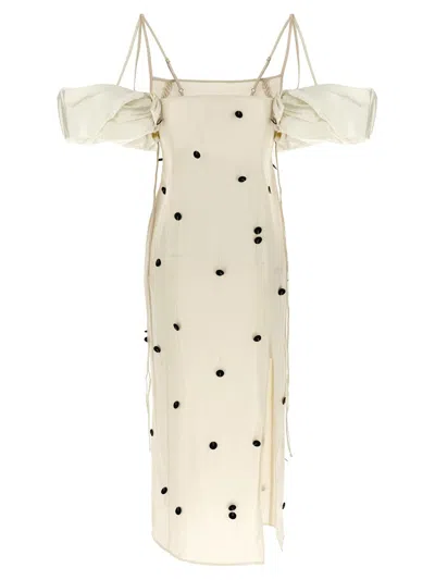 Jacquemus Beloved Off-shoulder Midi Dress With Button Embellishments In White