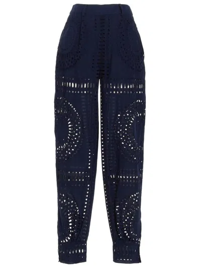Alberta Ferretti Embroidered High Waist Wide Leg Trousers In Dark Blue