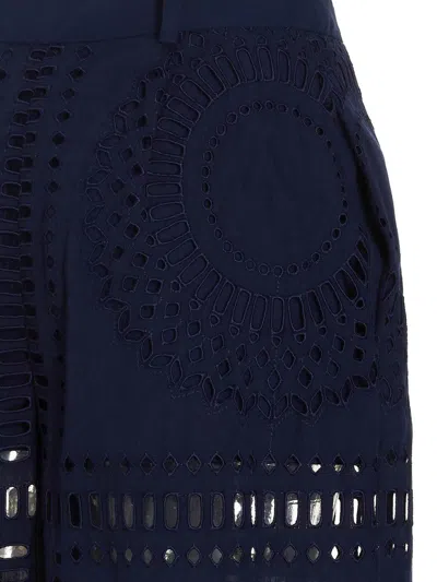 Alberta Ferretti Embroidered High Waist Wide Leg Trousers In Dark Blue