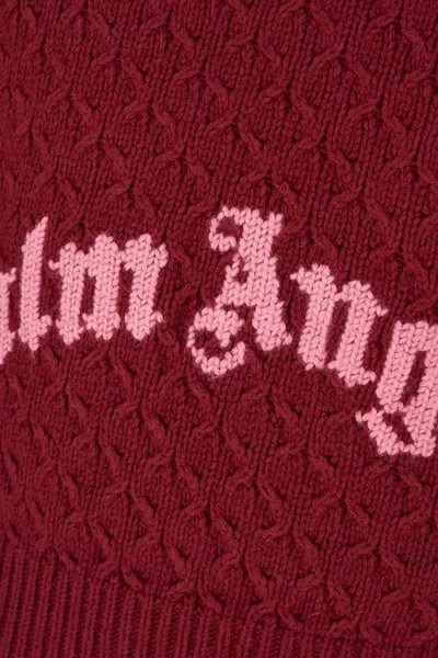 Palm Angels Curved-logo Ribbed-panel Sweater In Burgundy