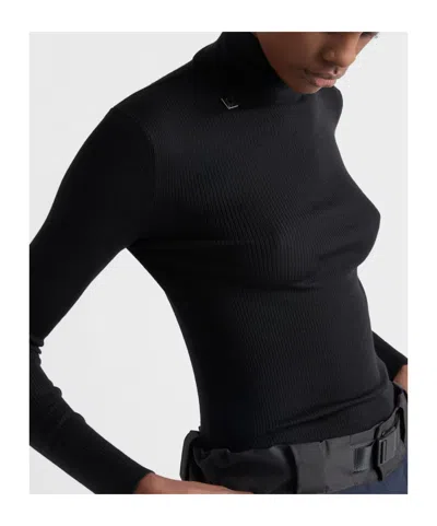 Prada Ribbed Logo Turtleneck Sweater In Black