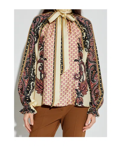 Etro Pussy-bow Ruffled Printed Silk-twill Blouse In Neutral