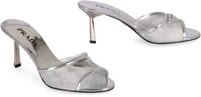 Prada Logo Detailed Heeled Sandals In Silver