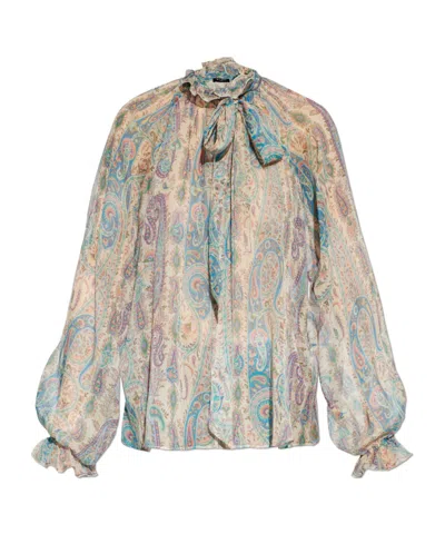 Etro Women Silk Crepon Blouse With Scarf And Paisley Foliage Motif In Multi