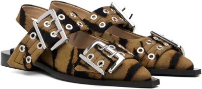 Ganni Buckle-detail Zebra-print Mules In Brown