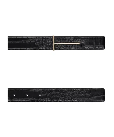 Tom Ford T-buckle Reversible Belt In Croc-embossed Leather In Black