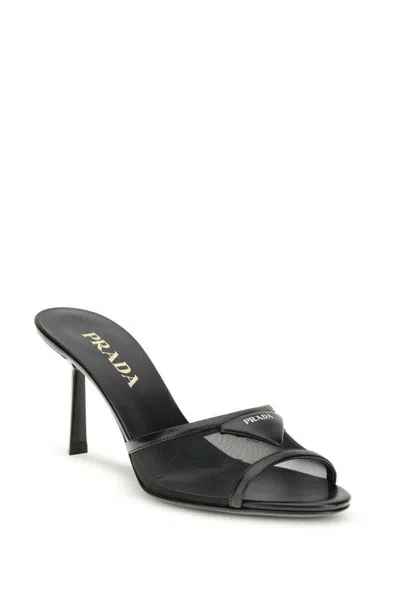 Prada Logo Detailed Heeled Sandals In Black