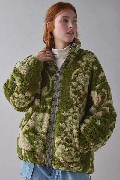 Bdg Mae Printed Piled Fleece Zip-up Jacket In Dutch Ducky, Women's At Urban Outfitters In Green