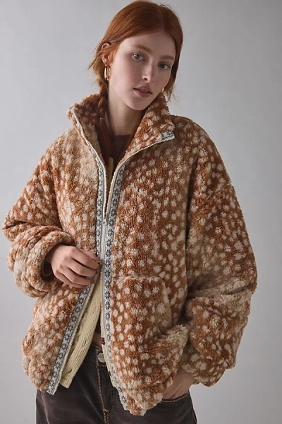 Bdg Mae Printed Piled Fleece Zip-up Jacket In Fawn Print, Women's At Urban Outfitters In Brown