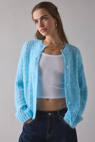 Kimchi Blue Becca Brushed Pointelle Knit Oversized Cardigan In Light Blue, Women's At Urban Outfitters In Blue