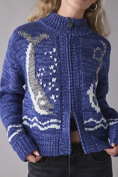 Bdg Isla Sailboat Patterned Knit Zip-up Sweater In Navy, Women's At Urban Outfitters In Blue