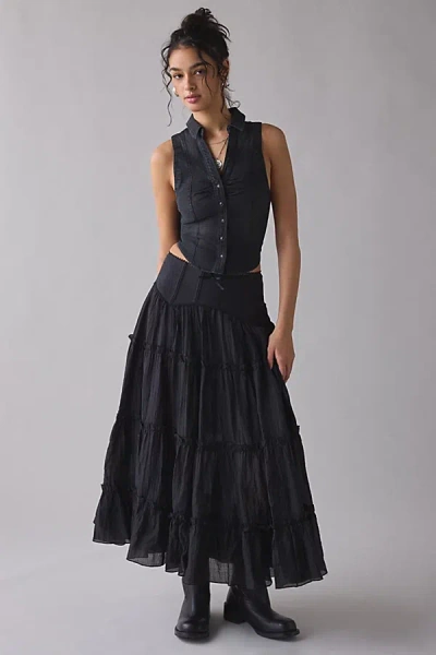 Kimchi Blue Charlotte Lace Trim Semi-sheer Tiered Maxi Skirt In Black, Women's At Urban Outfitters In Black