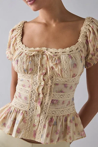 Kimchi Blue Nora Lace Trim Puff Sleeve Button-up Blouse In Cream, Women's At Urban Outfitters In Brown