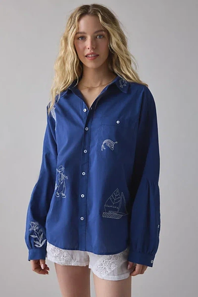 Bdg Alex Embroidered Graphic Oversized Cotton Button-down Shirt In Blue, Women's At Urban Outfitters In Multi