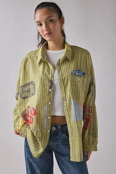 Bdg Alex Embroidered Graphic Oversized Cotton Button-down Shirt In Green, Women's At Urban Outfitters In Multi