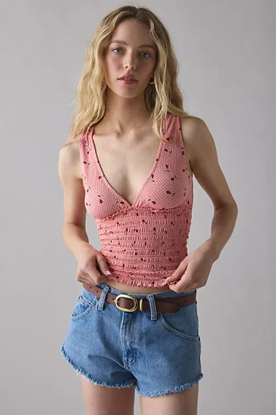 Kimchi Blue Betty Plunging V-neck Smocked Tank Top In Pink Printed, Women's At Urban Outfitters In Pink