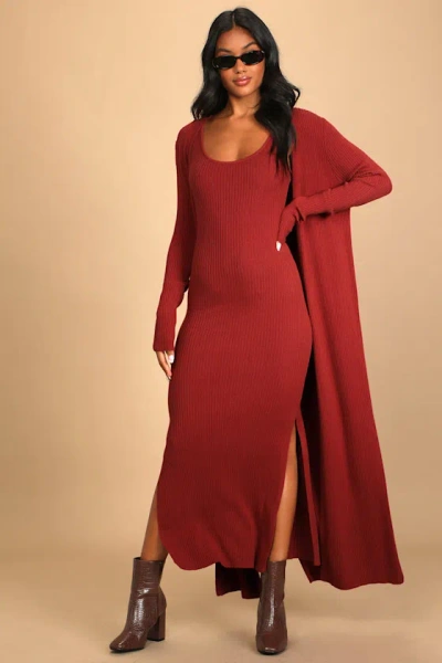 Lulus Layer Lover Rust Red Ribbed Knit Two-piece Dress & Cardigan Set In Red